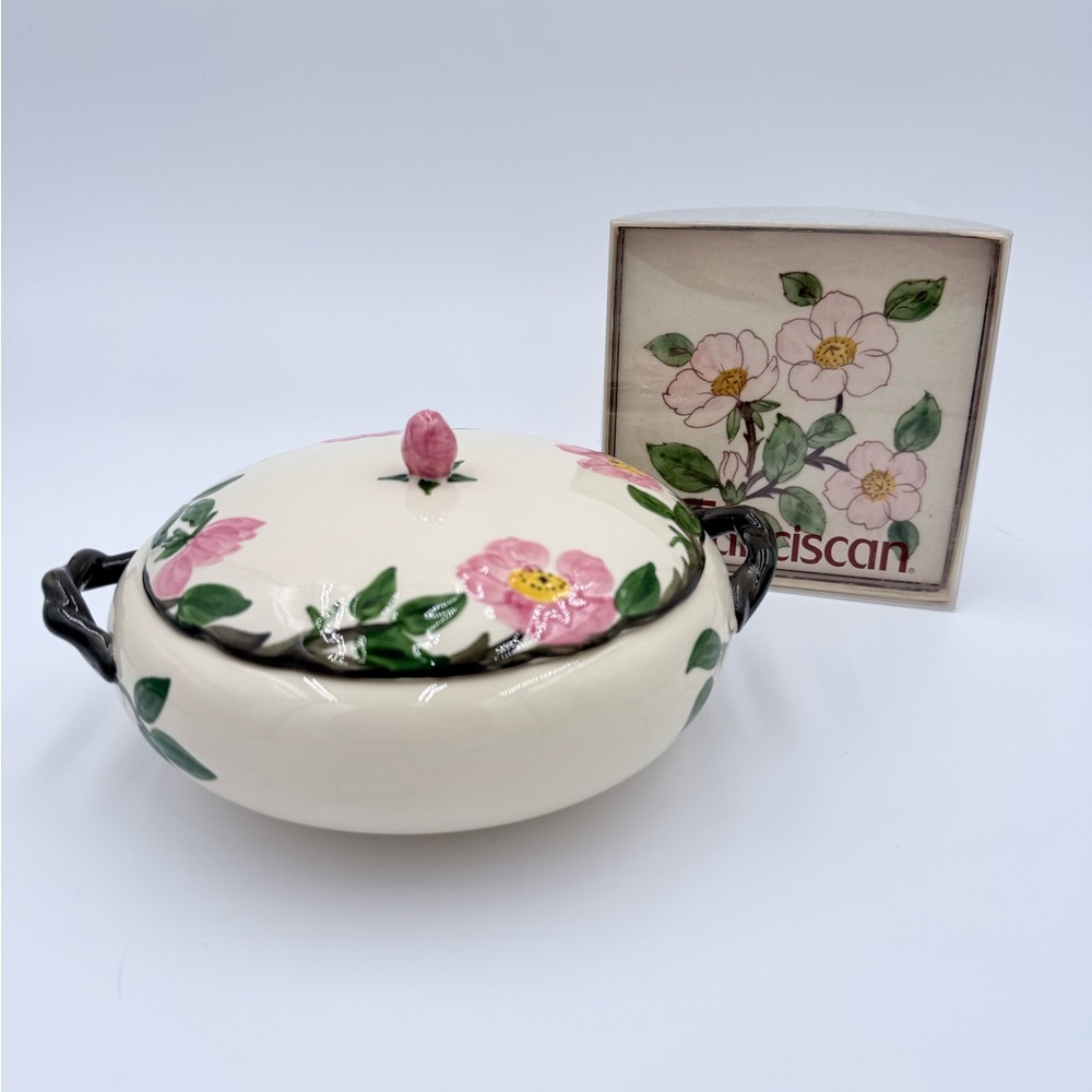 Vtg Franciscan Desert Rose Casserole Serving Dish 7" w/Lid/Handles & NIB Trivet